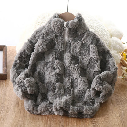 Plaid Pattern Fleece Coat Thick Cardigan with Zipper Stand Cozy Winter Coat
