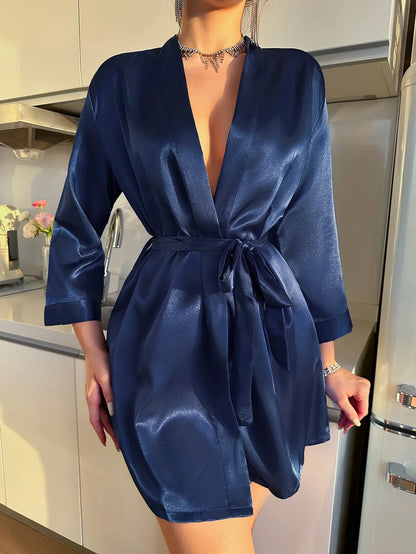 Silk Tie-Waist Short Robe L