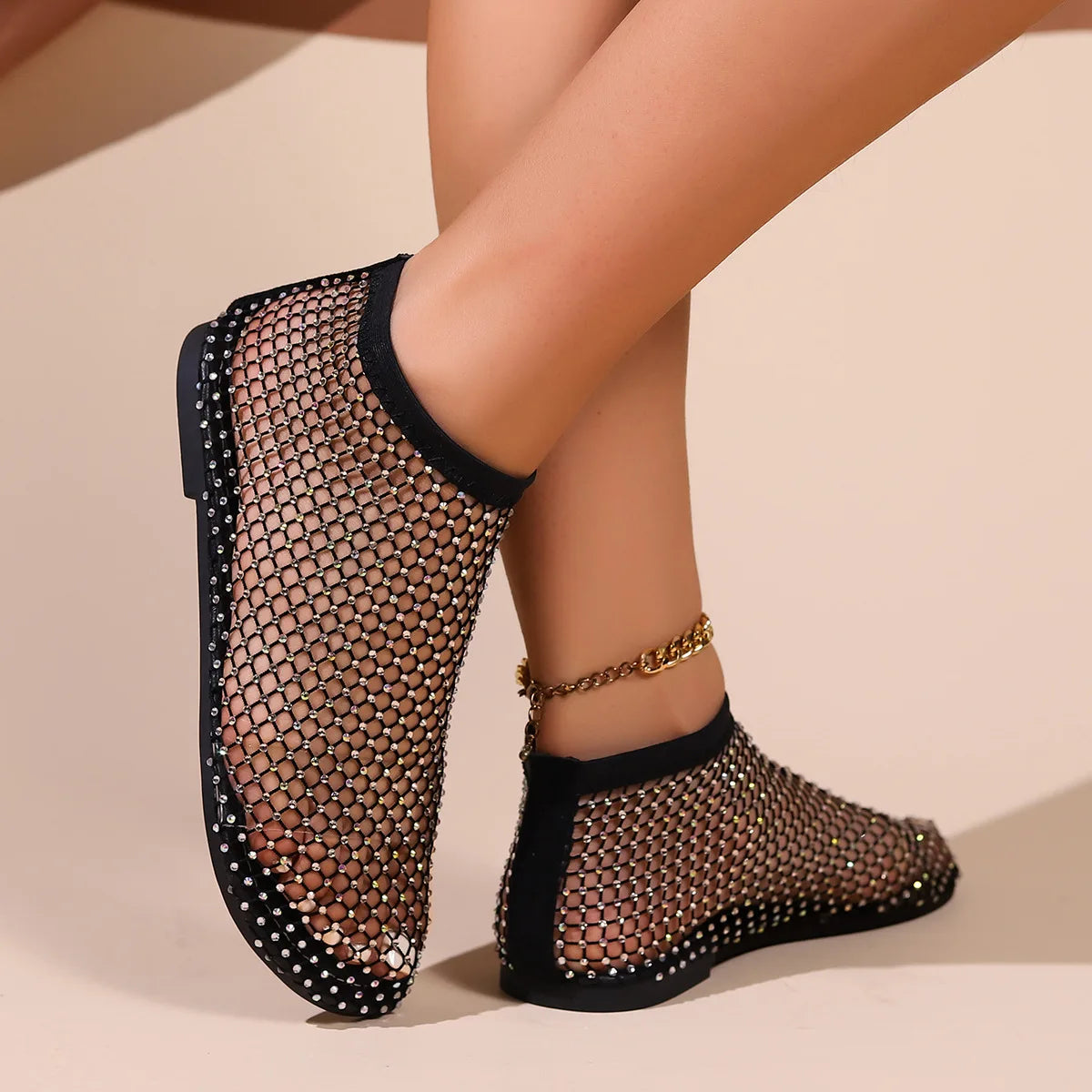 Mesh Luxurious Rhinestone Round Toe Sandal