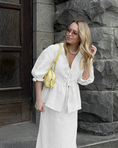 100% Cotton Bubble Sleeve Shirt  Long Skirt Set