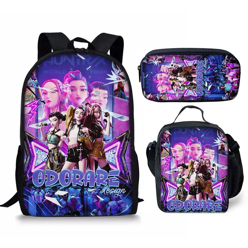 KPop Demon Hunters School Bags Backpack With Lunch Bag & Pencil Bag