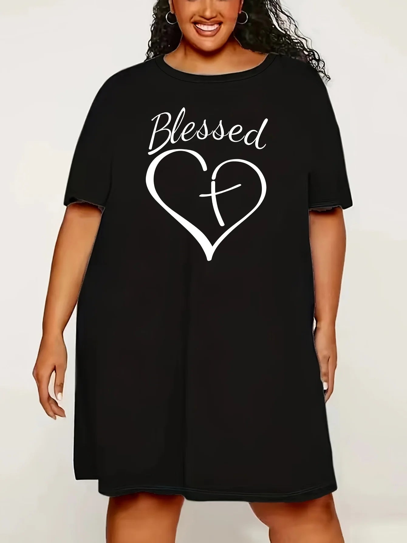 Plus Size Nightgown 3D Printed Heart Short Sleeve Long Tops Micro Stretch Dresses