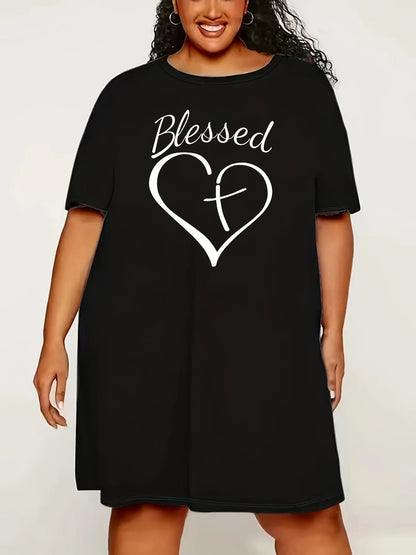 Plus Size Nightgown 3D Printed Heart Short Sleeve Long Tops Micro Stretch Dresses