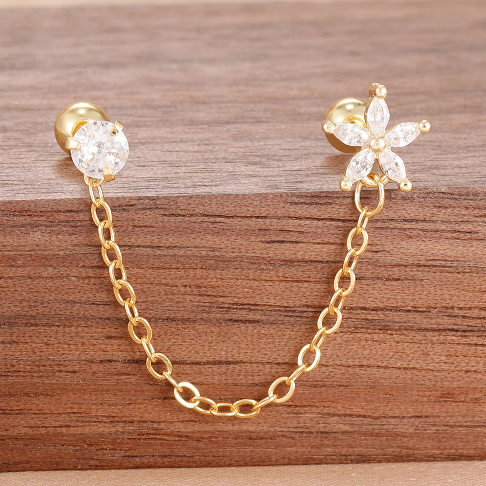 Stainless Steel Gold Color Chain Dangle Drop Zirconia Earrings