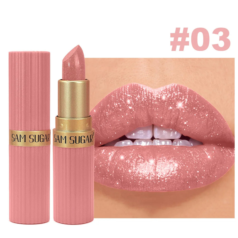 Pearlescent Pink Glitter Metallic Waterproof  Diamond Lipstick