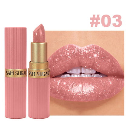 Pearlescent Pink Glitter Metallic Waterproof  Diamond Lipstick