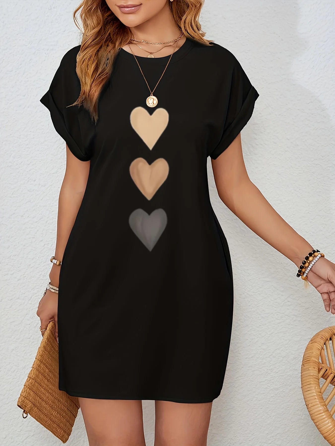 Casual Knit T-Shirt with Heart  Print Crew dress