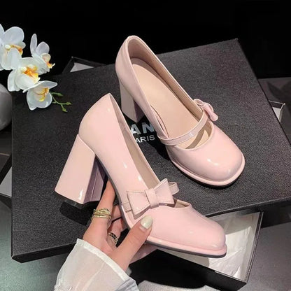 Pointed-toe high-heeled bow-shaped thick-soled Mary Jane shoes