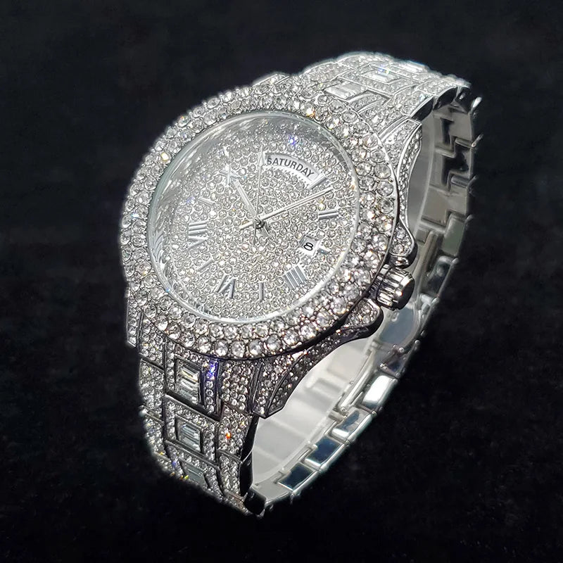 Luxury Diamond Bling Iced Hip Hop Golden Stainless Steel Quartz Watch