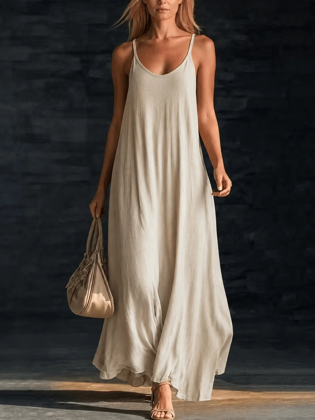 Loose Stain A-Line Long Dress with Thin Straps