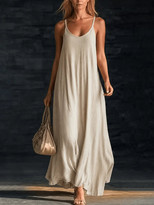 Loose Stain A-Line Long Dress with Thin Straps