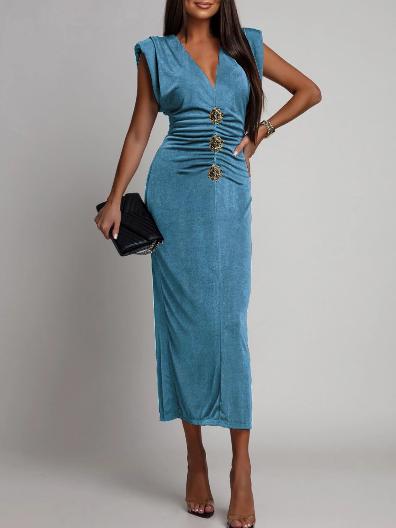 Solid Sleeveless Skinny Evening Midi Long Dress