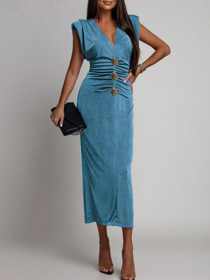 Solid Sleeveless Skinny Evening Midi Long Dress