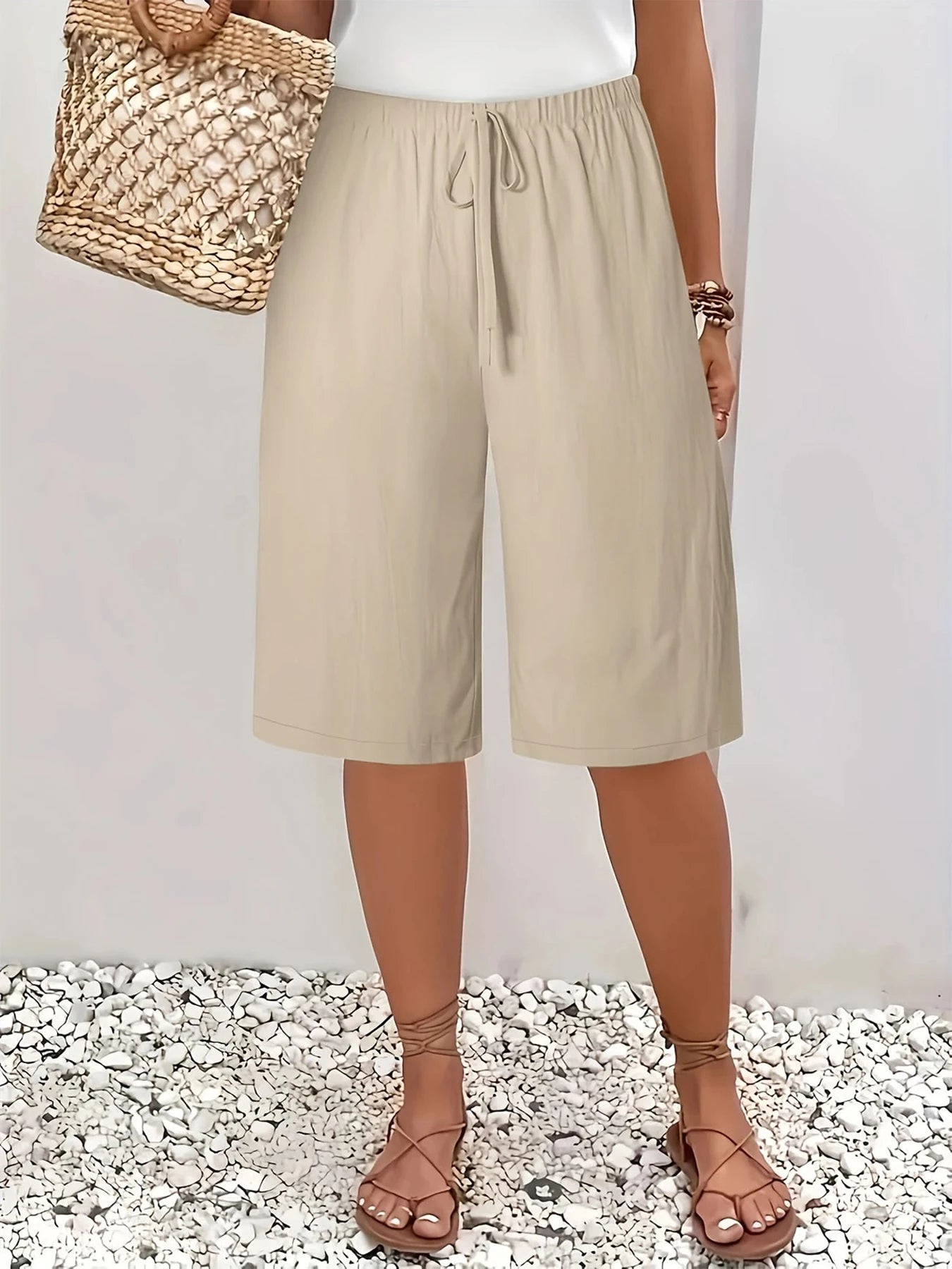 Elastic Waist Drawstrings Casual Wide Leg Knee Length Pants‌