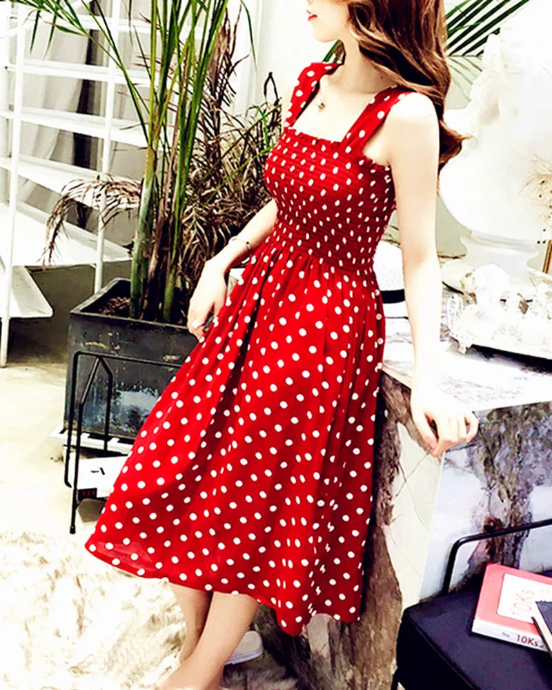Long Vintage Dots Casual Ruffles Elegant Maxi Strap Camis Silky Dress