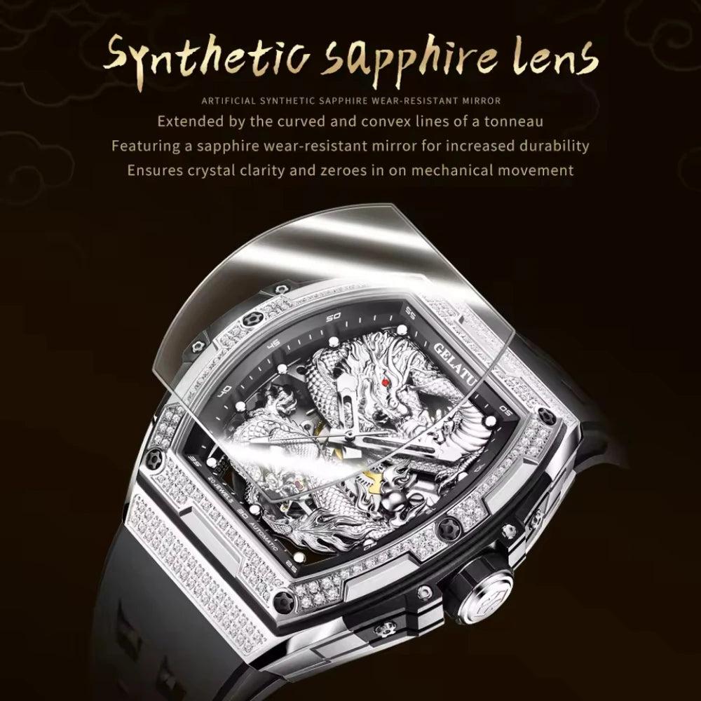 Hollow Silicone Strap Waterproof High Full Diamond Dragon Dial Automatic Mechanical Watch