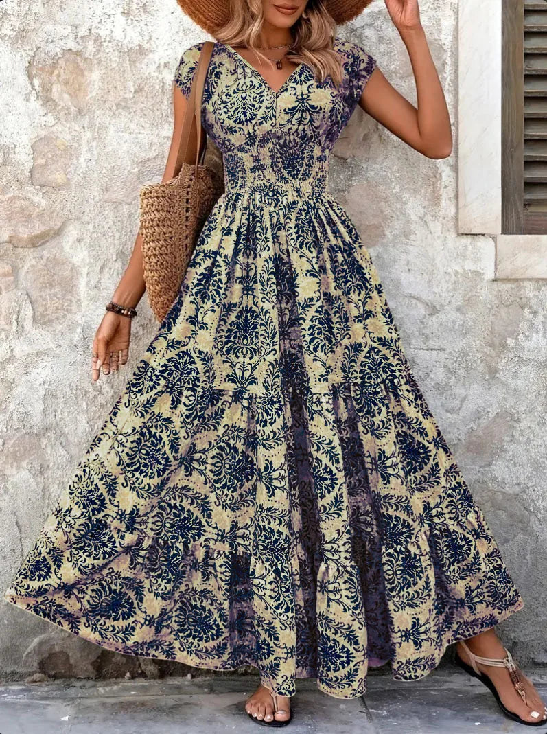 Vintage Floral Print Elegant V-Neck Short Sleeve Dress