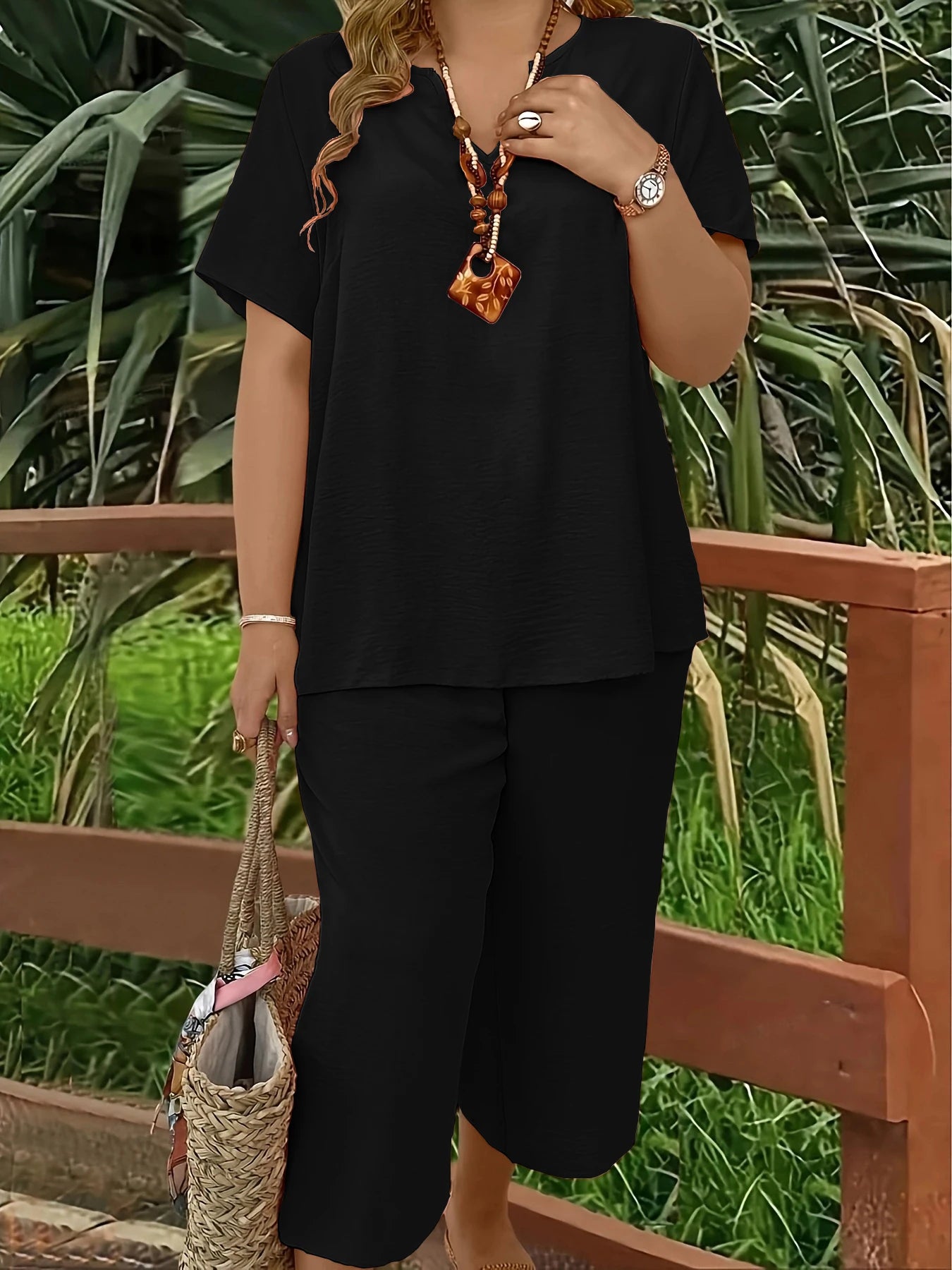 Plus size casual elegant short-sleeved top and wide-leg pants