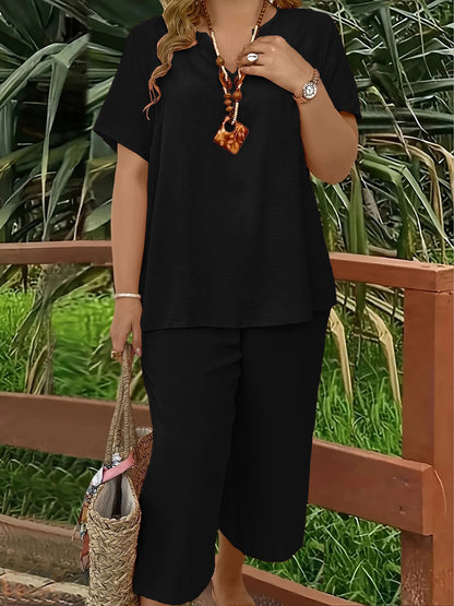 Plus size casual elegant short-sleeved top and wide-leg pants