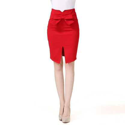 Pencil Skirt Knee Length High Waist Elegant Open Slit Bow Skirt