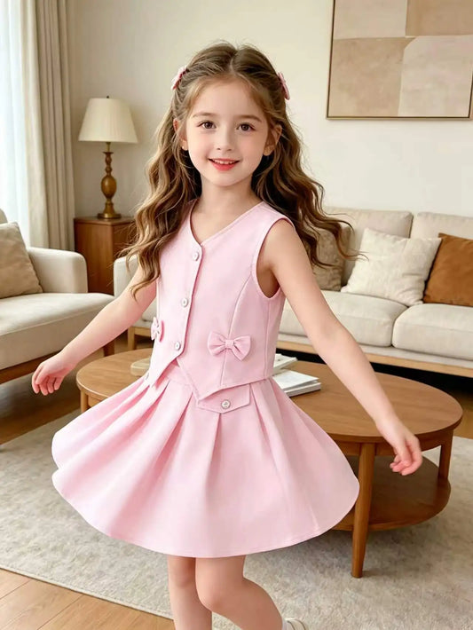 Pink Sleeveless Vest + Pleated Skirt Set