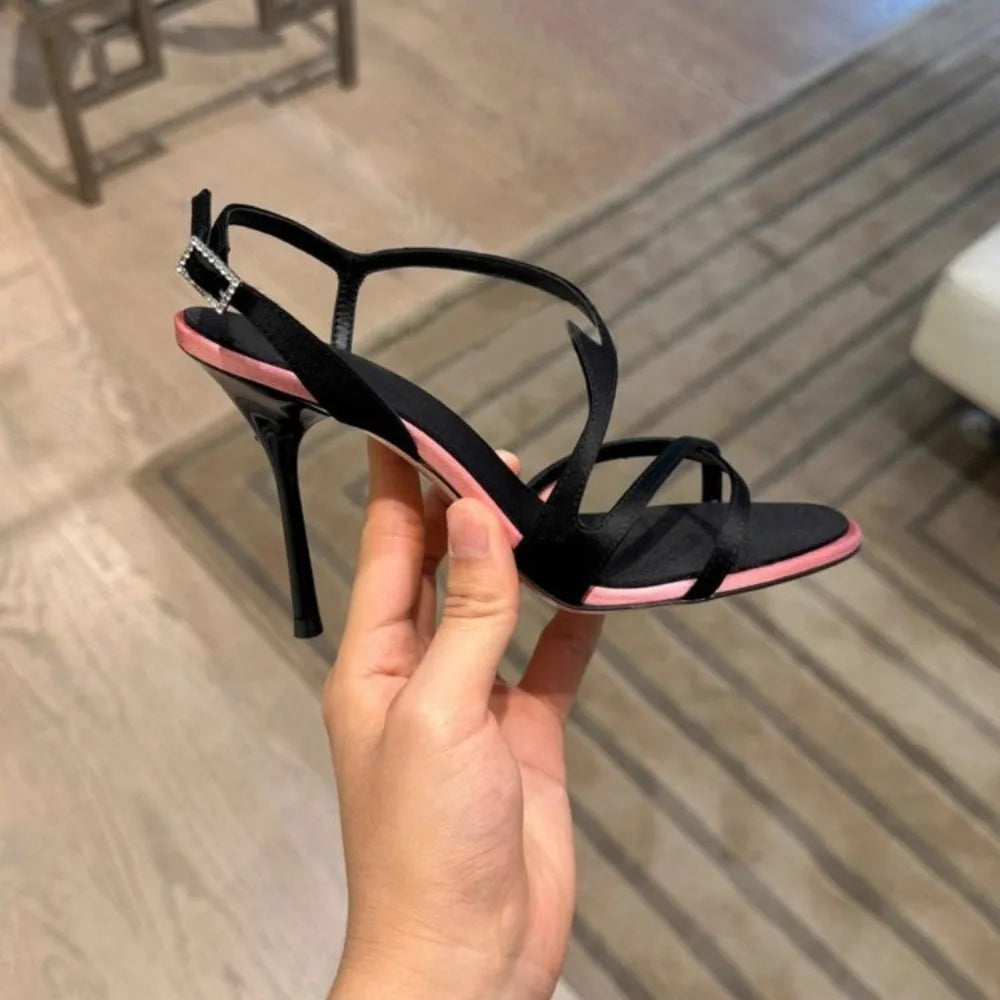 Satin Color Block Stiletto High Heels with One Belt Sandals