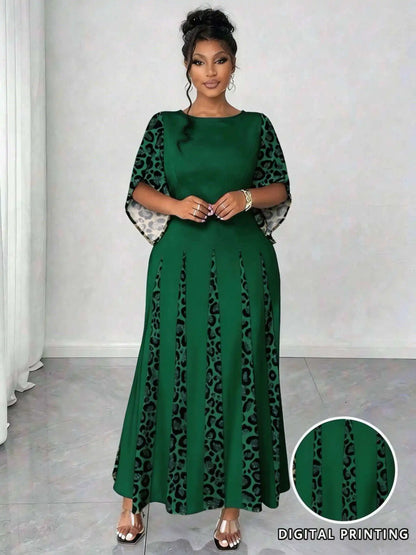 Elegant Leopard Maxi Long Sleeve Gown Dress