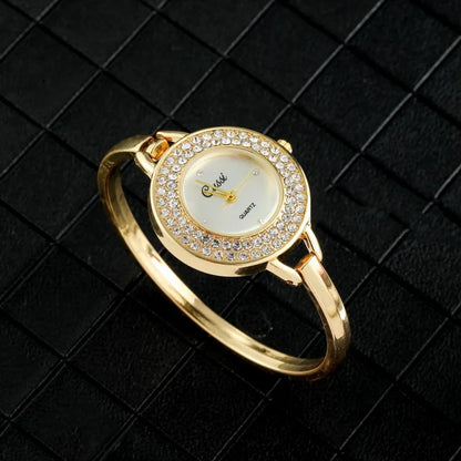 Luxury Gold Dial Rhinestone Round Quartz Bracelet Watch