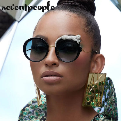 Oversized Round Crystal Leopard Sun Glasses