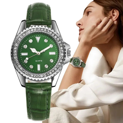 Woman wearing a green crystal-studded quartz wristwatch with a textured leather strap