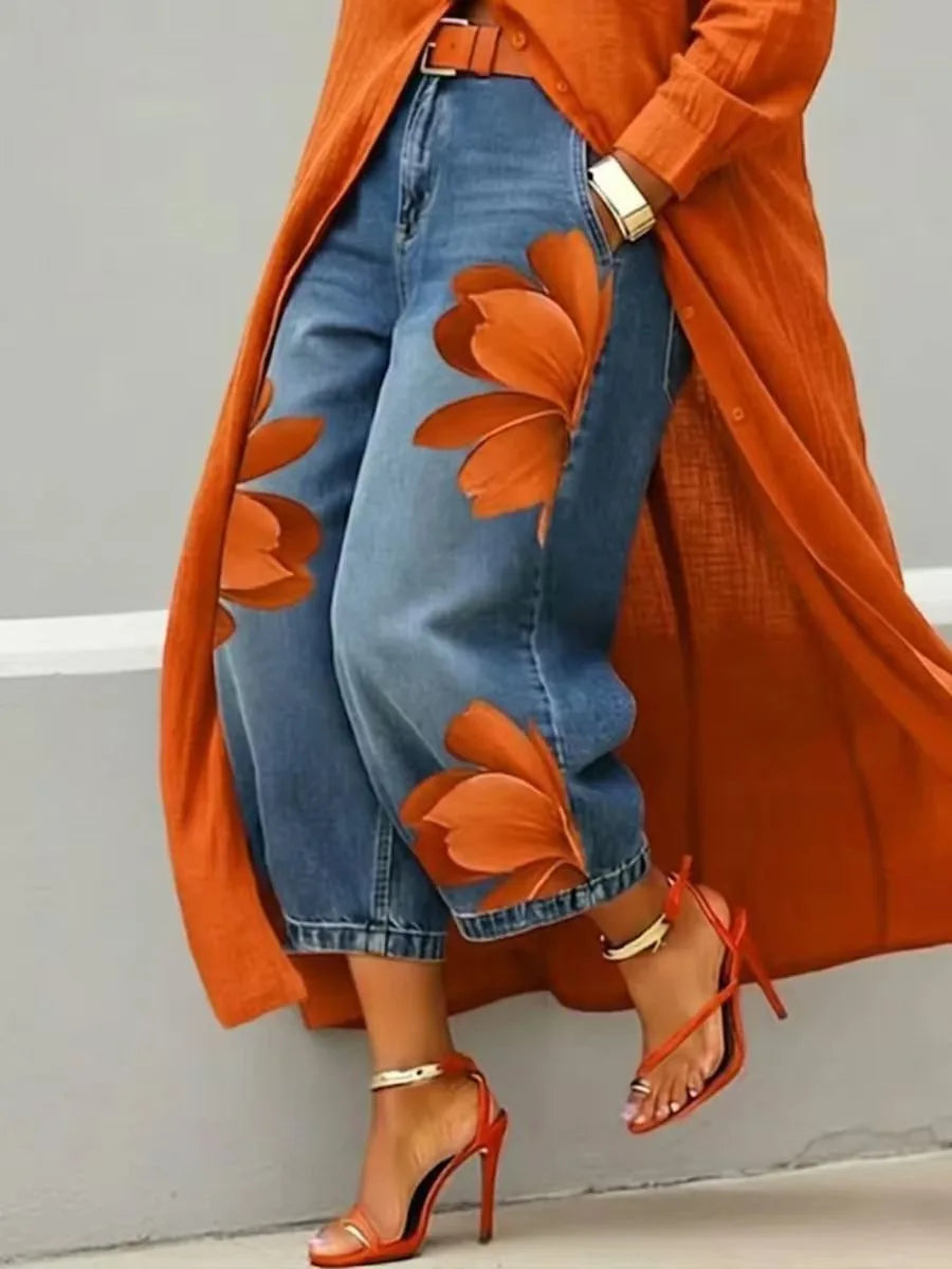 Streetwear Floral Print High Waist Jeans Loose Fit Pants