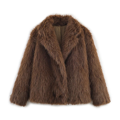 Elegant Faux Fur Warm Fluffy Loose Long Sleeve Lapel Jacket
