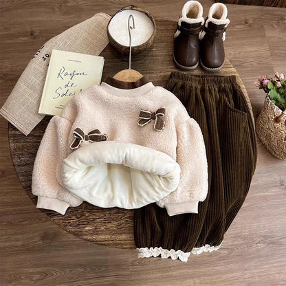 Autumn Winter Thick Warm Bow Lambswool Sweatshirt+Corduroy Pants Set