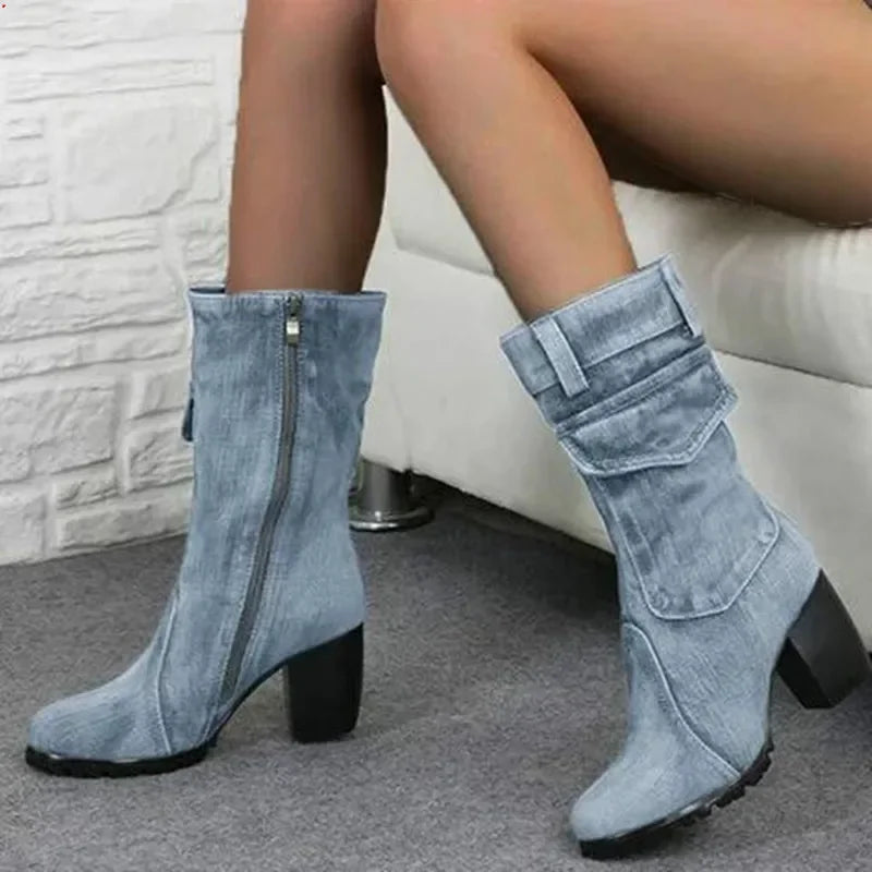Cowboy Pointed Denim Casual Temperament High Heels Boots