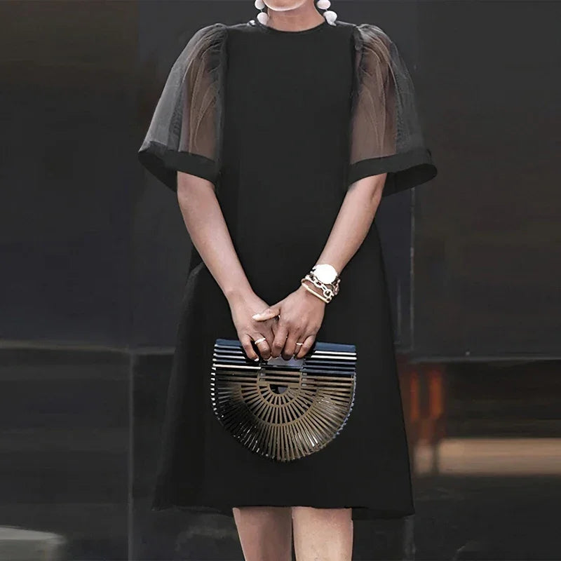 Mesh Patchwork Sundress Mini Ruffle Short Sleeve Dress