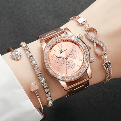 4PCS/Set Rhinestone Luxury Steel Band Quartz Bracelets Watches Set