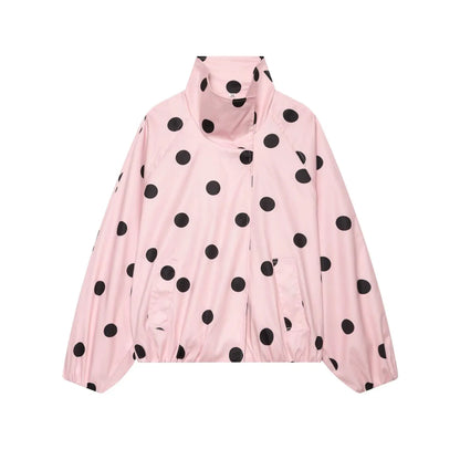 Retro Polka Dot Printed Bomber Stand Collar Oversized Casual Jacket