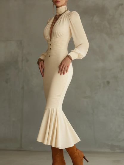 Turtleneck Cutout V Neck Long Sleeve Midi Bodycon Mermaid Elegant Dress