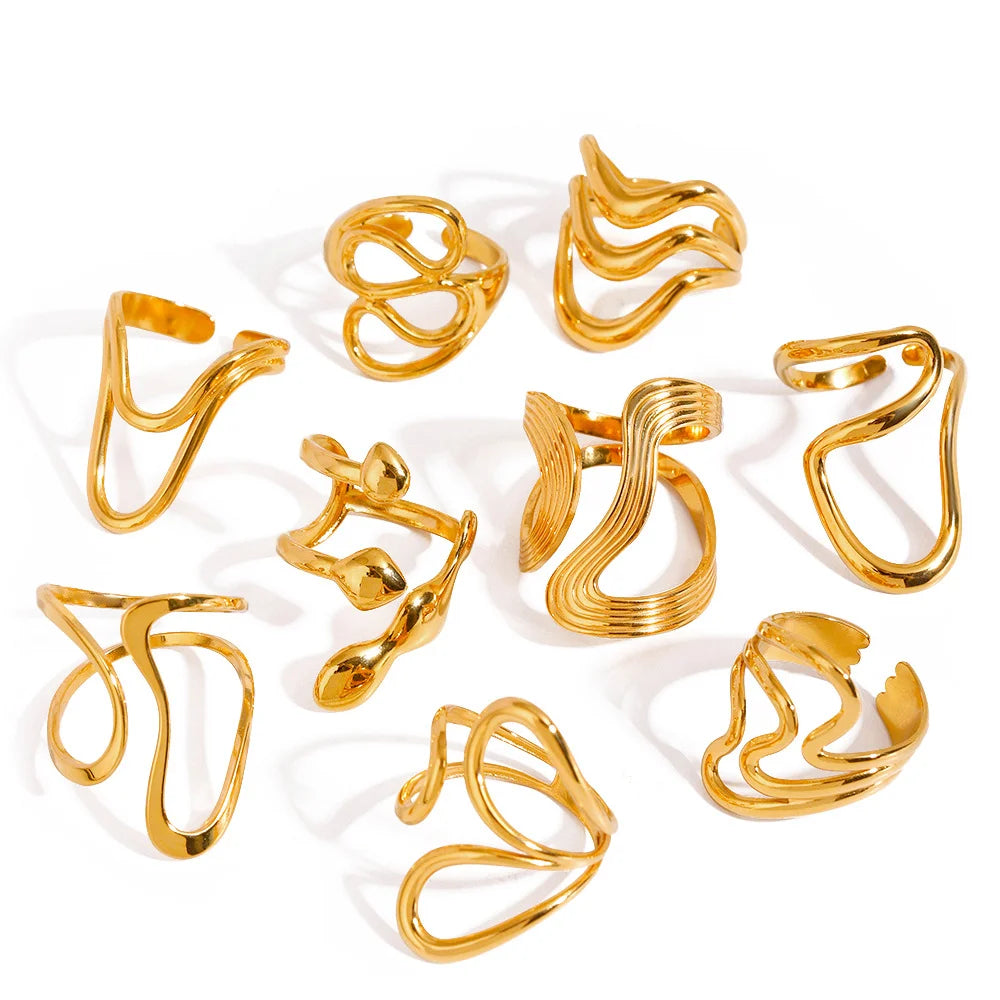 Stainless Steel Irregular Wave Creative Gold Open Punk Rapper Rings