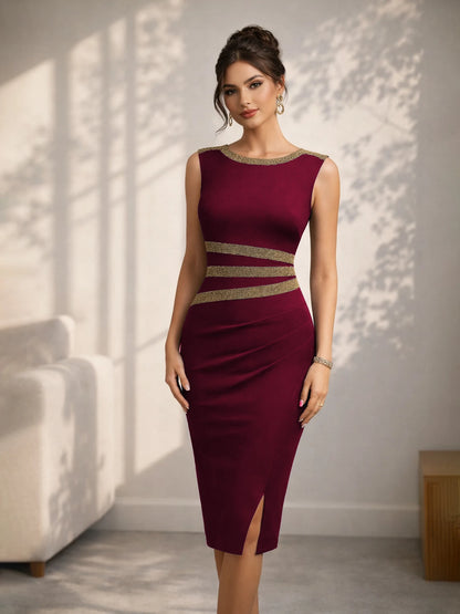 Elegant Sleeveless Split Knee Length Vintage Bodycon Sheath Dress