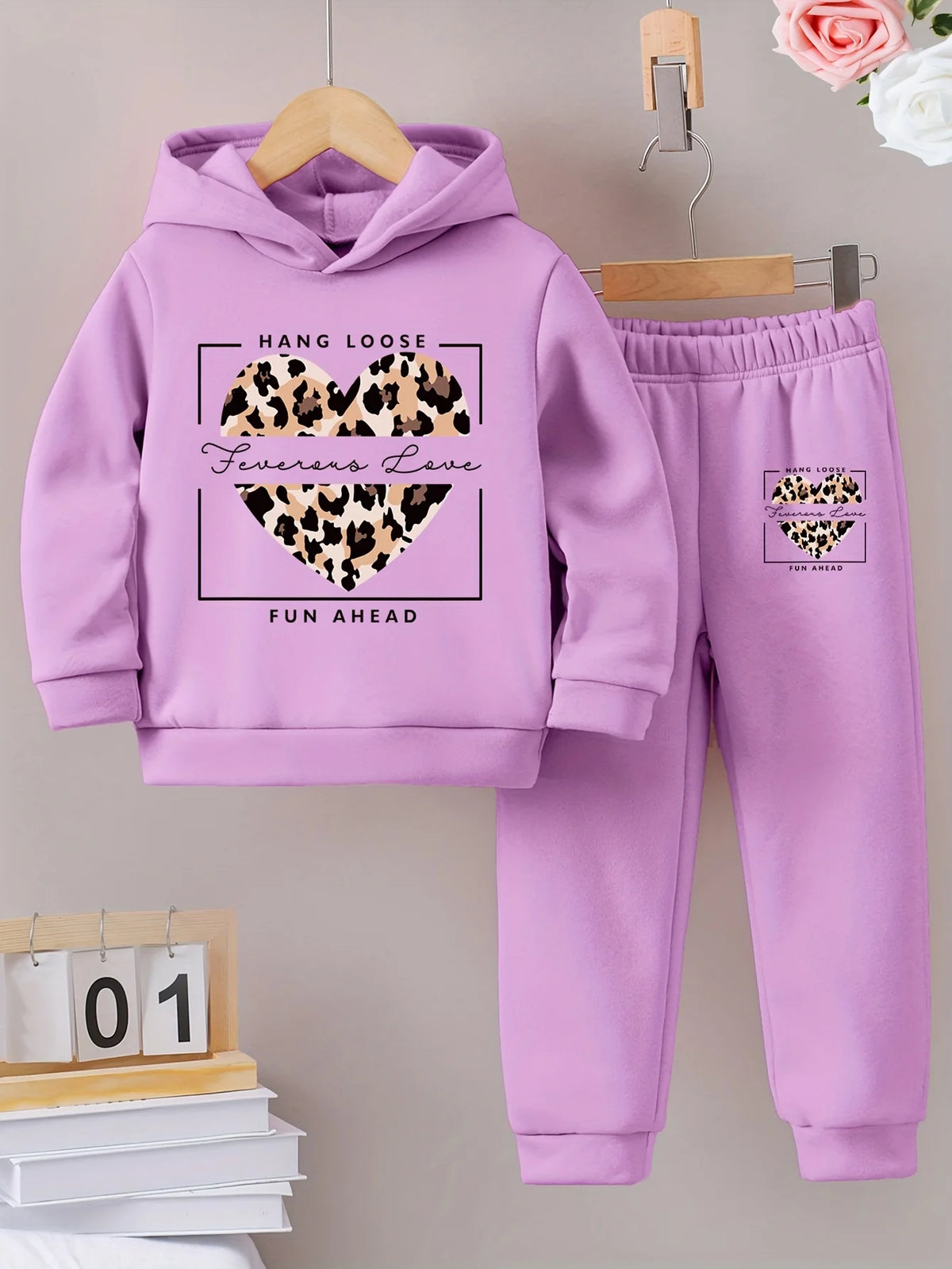 Fall/Winter casual warm print warm lining hoodie sweatpants set