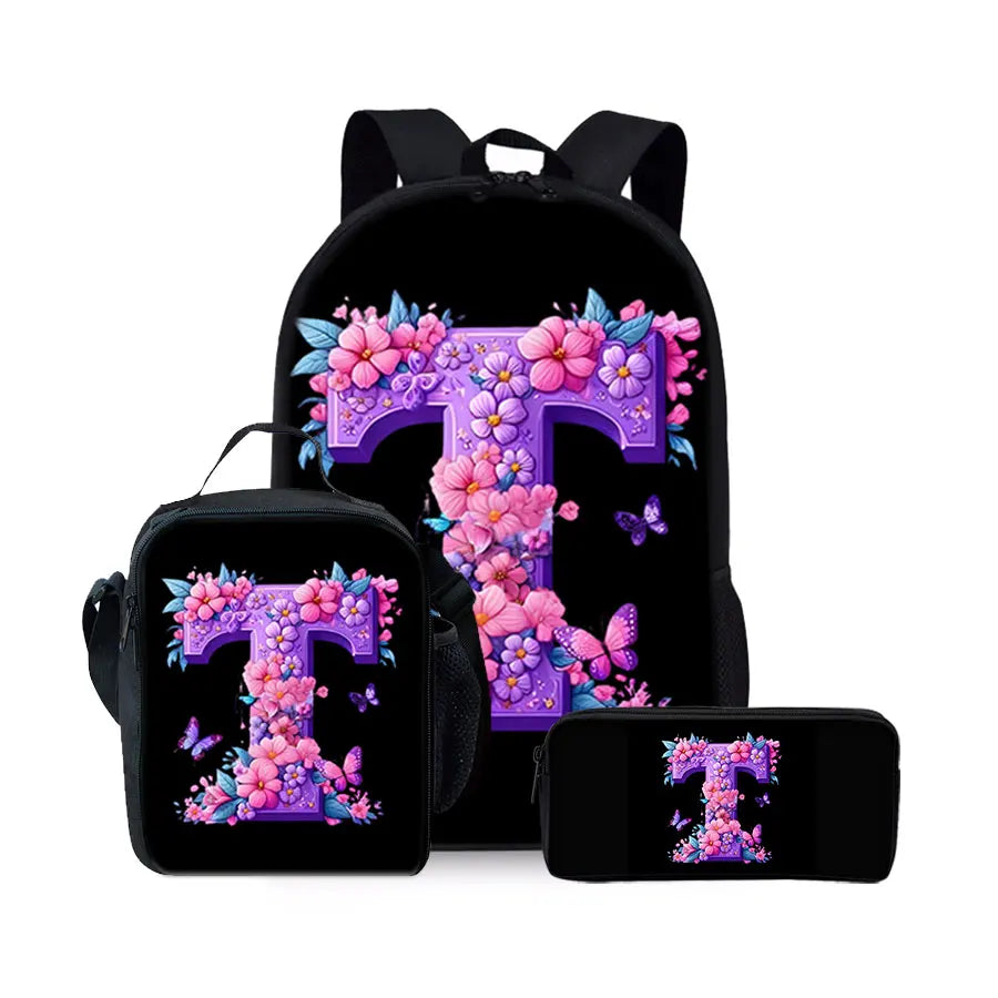 English Alphabet Pattern 2D Flat Cartoon School Backpack Three Piece Set