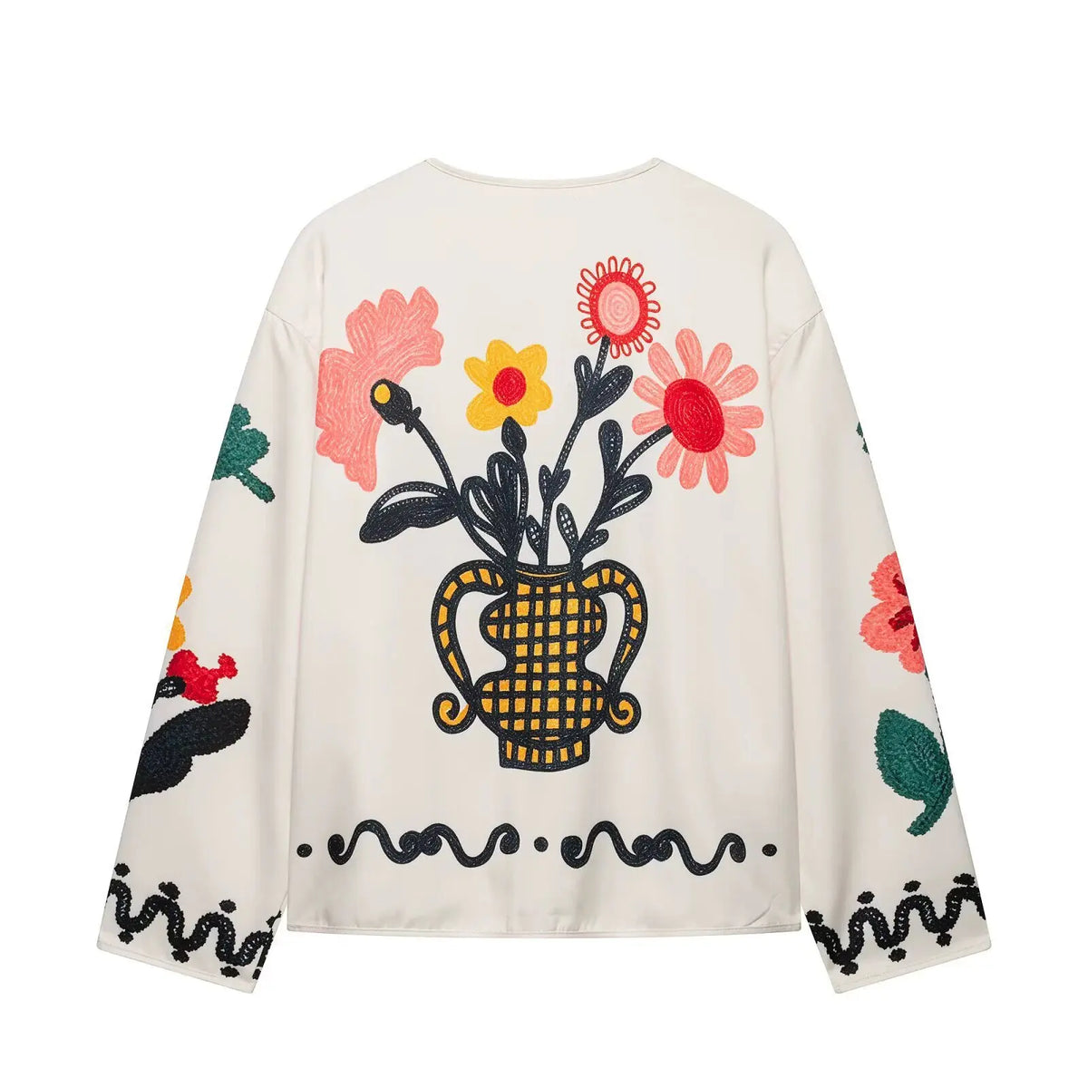 Boho Colorful Flower Print Cardigan Round Neck Long Sleeve Coat Jacket