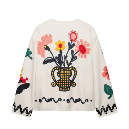 Boho Colorful Flower Print Cardigan Round Neck Long Sleeve Coat Jacket