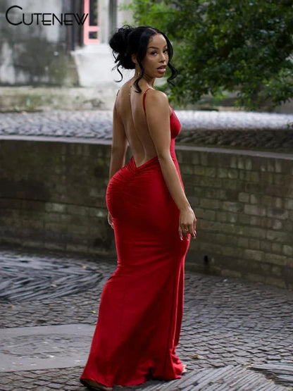 Red Shiny Spaghetti Strap Maxi Dress