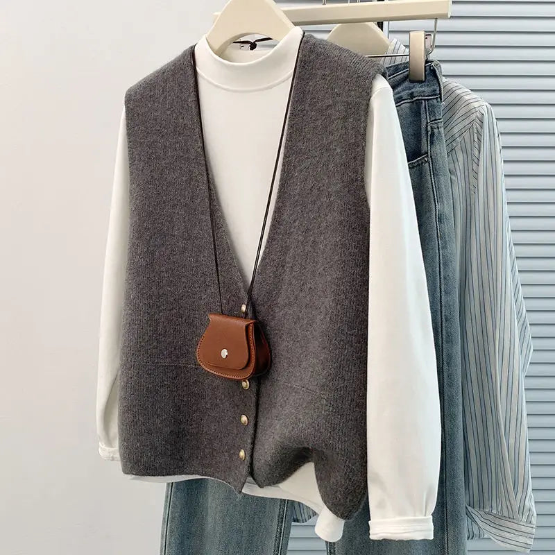 Soft Knitted Casual Button deep V-Neck Sleeveless Loose Knitwear Coats
