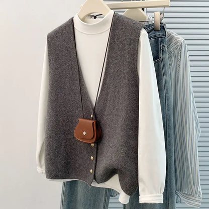 Soft Knitted Casual Button deep V-Neck Sleeveless Loose Knitwear Coats