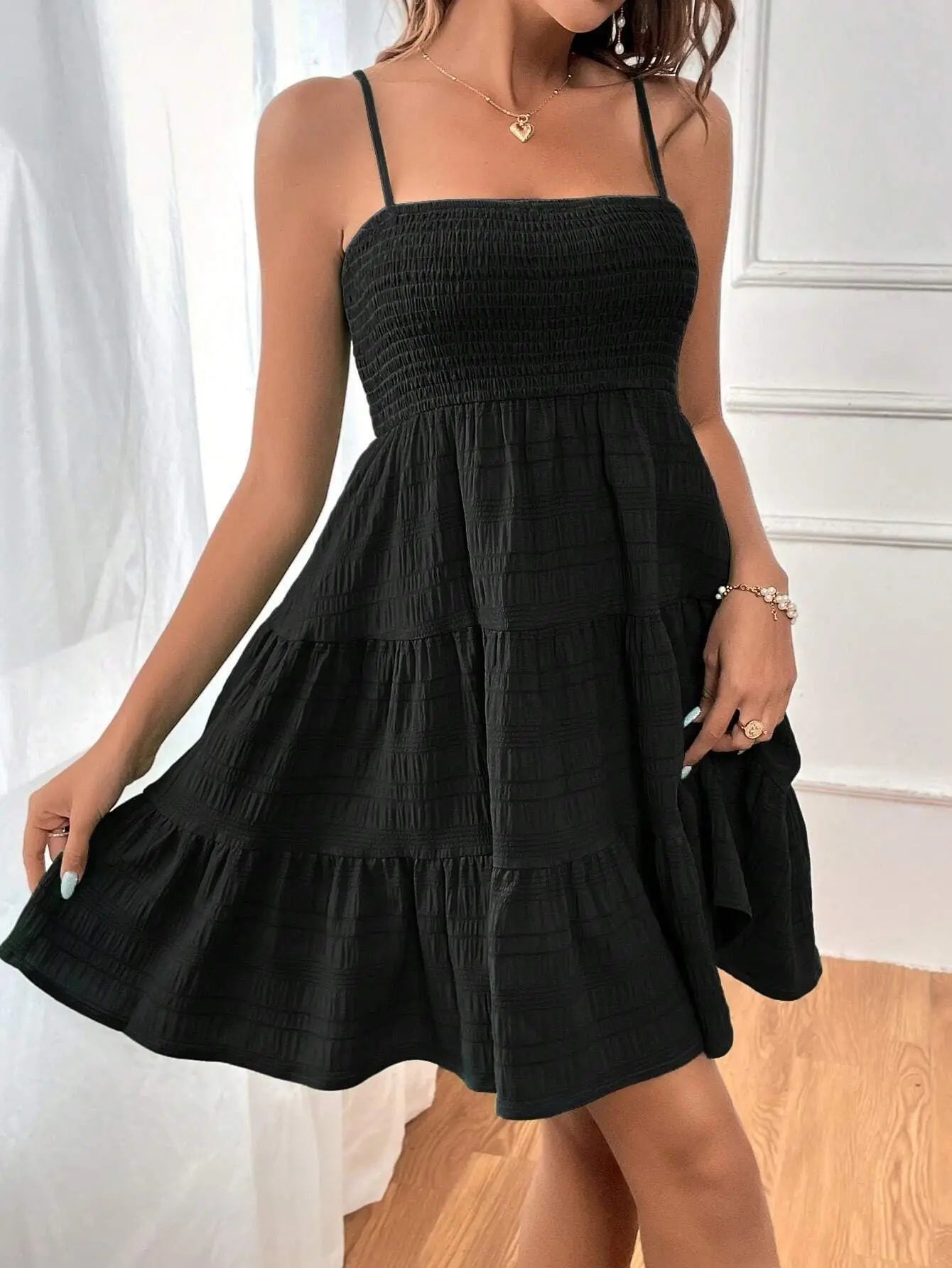 Spaghetti Strap Smocked Bustier Mini Swing Dress