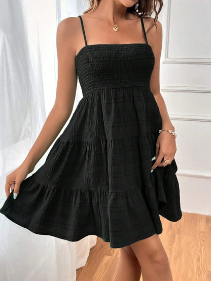 Spaghetti Strap Smocked Bustier Mini Swing Dress