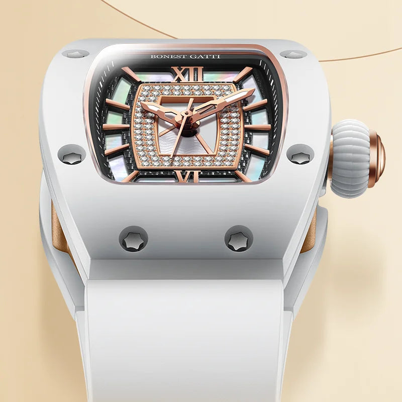Automatic Ceramic Case Diamond Dial Silicone Strap Waterproof Wristwatch